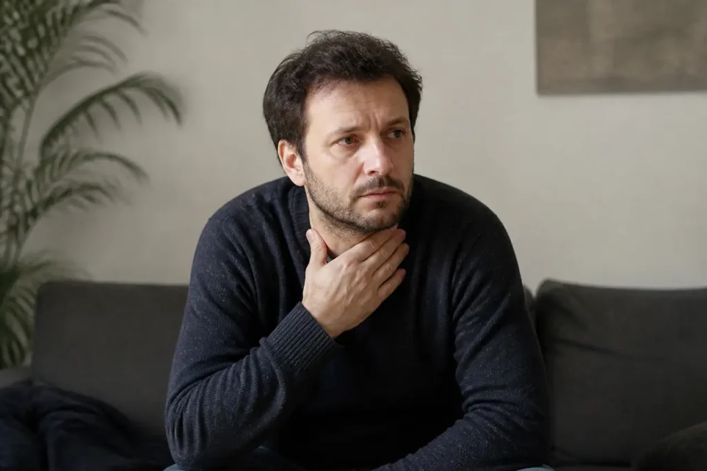 Homme assis main posee sur la gorge regard inquiet